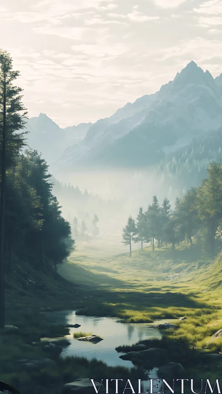 Mountain valley stream under soft morning mist.