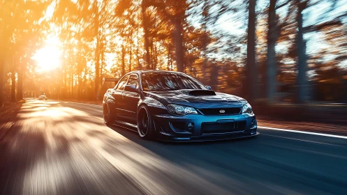 Sunlit forest highway welcomes a sleek blue sports car