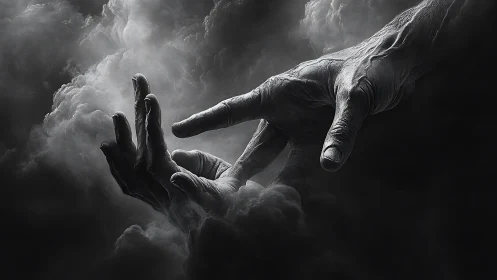 Reaching hands emerging from swirling monochrome clouds.