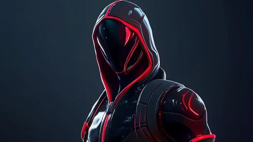 Hooded sci fi figure in reflective black armor with red light