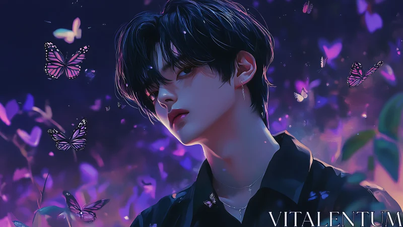 Moonlit butterflies orbit a midnight dreamer in quiet bloom