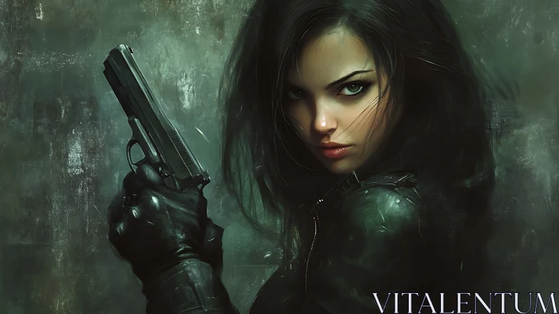 Deadly vigilante holds pistol in moody digital portrait.