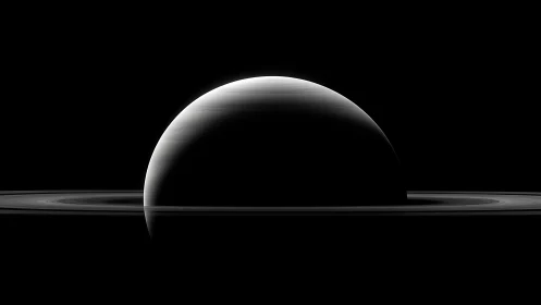 Backlit gas giant in crescent phase with finely stratified rings