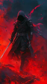 Hooded blade-wielder traversing incandescent infernal battlefield.