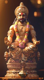 Golden seated Hindu deity statue with garland and ornaments.