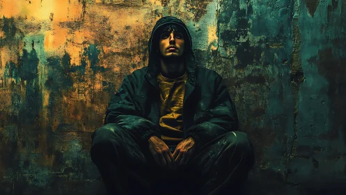 Moody urban dreamer rests against a weathered painted wall