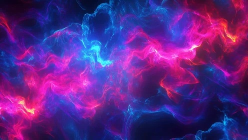 Neon plasma filaments in abstract digital energy field.