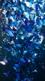 Photorealistic vertical swarm of luminous blue butterflies.