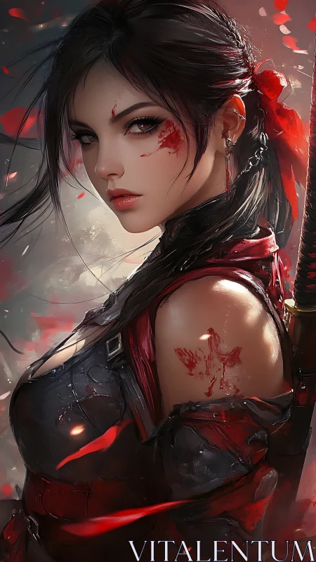 Bloodstained cyber kunoichi portrait in dynamic red bokeh