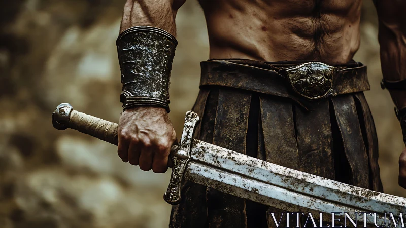 Male warrior torso holds short sword in worn leather armor