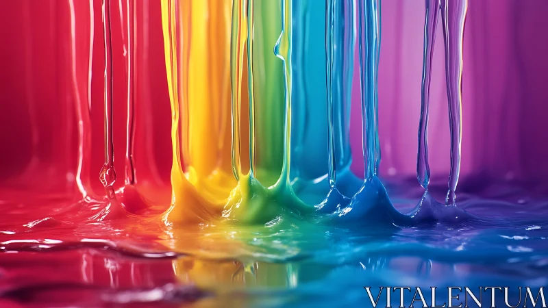 Vertical streams of glossy rainbow paint flow onto surface
