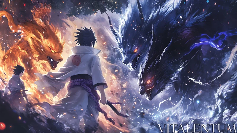 Swordsman faces fiery fox and dark multiheaded wolf spirits.
