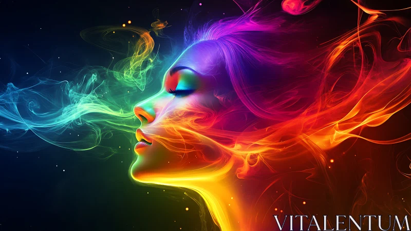 Neon profile portrait immersed in swirling rainbow smoke.