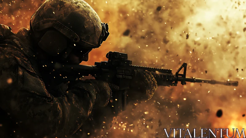 Combat sniper silhouette framed by explosive golden firestorm.