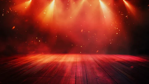 Theatrical Stage with Red Lighting and Spotlight Beams.