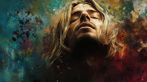 Digital portrait of serene man within abstract color storm.