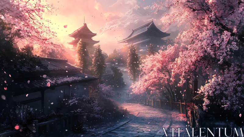 Sunlit temple path framed by blooming cherry blossoms