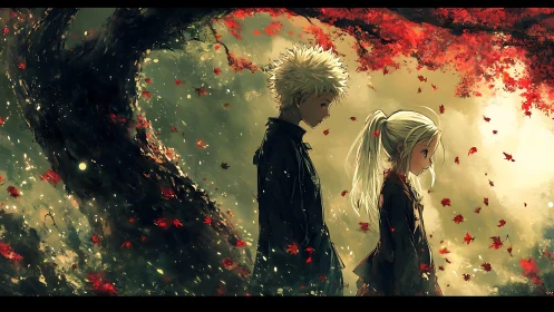 Autumn anime couple under glowing maple canopy at dusk.