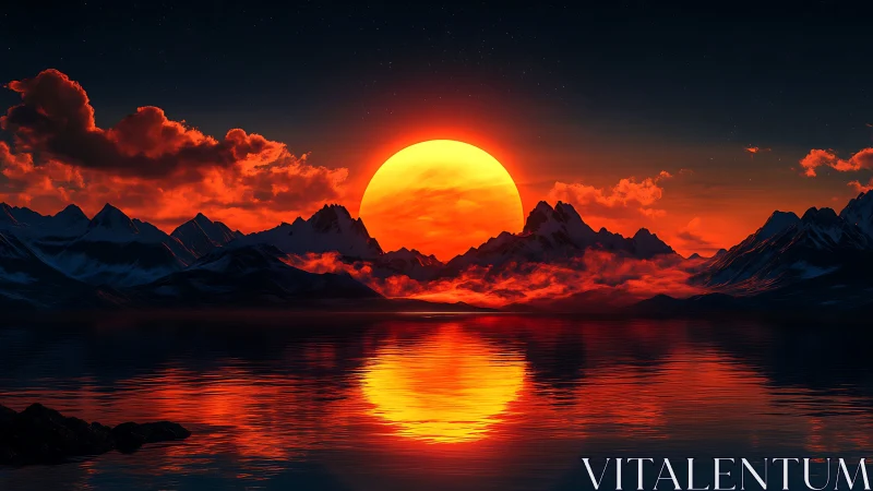 Fiery sun descends behind mountains over a glowing red sea