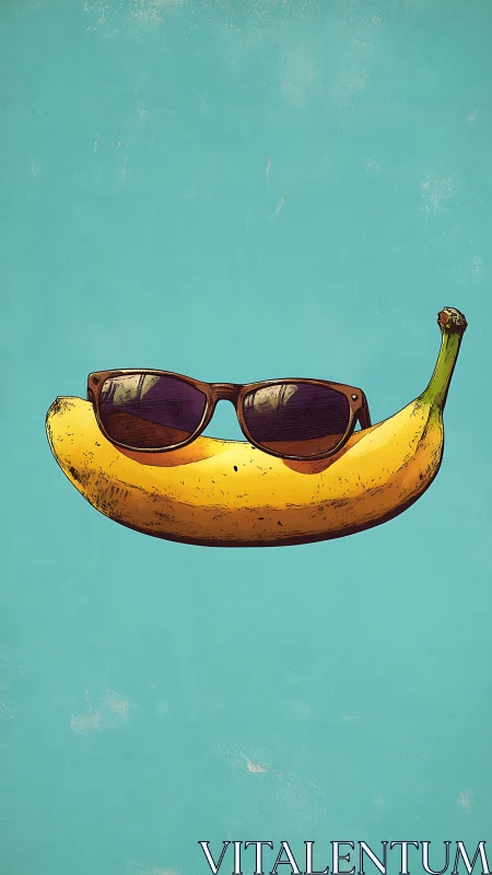 Stylized banana with sunglasses floats on minimal teal field
