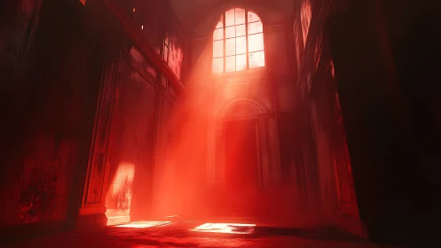 Red volumetric light fills tall interior architectural space