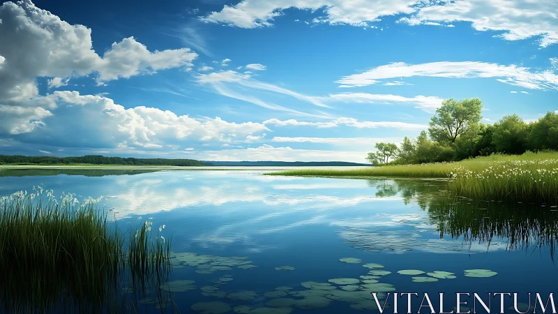 Calm freshwater lake reflects sweeping summer sky perfectly.