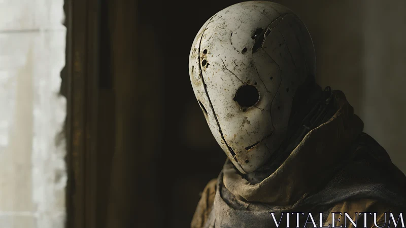 Weathered masked figure stands in dim, desolate interior.