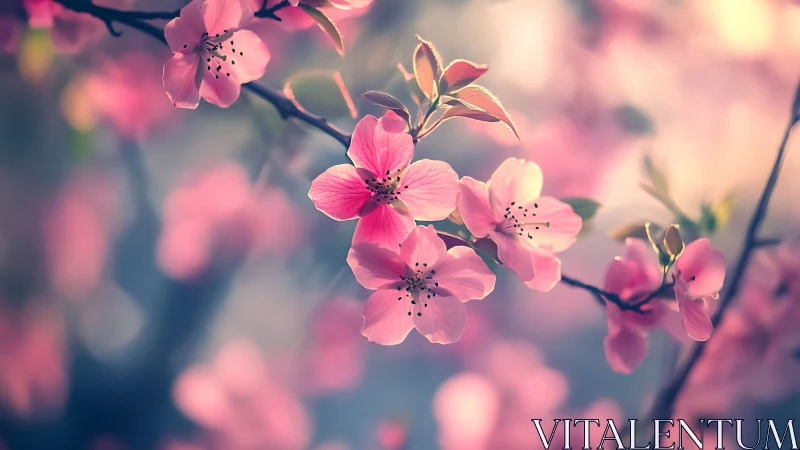 Pink blossoms on branches with soft bokeh background