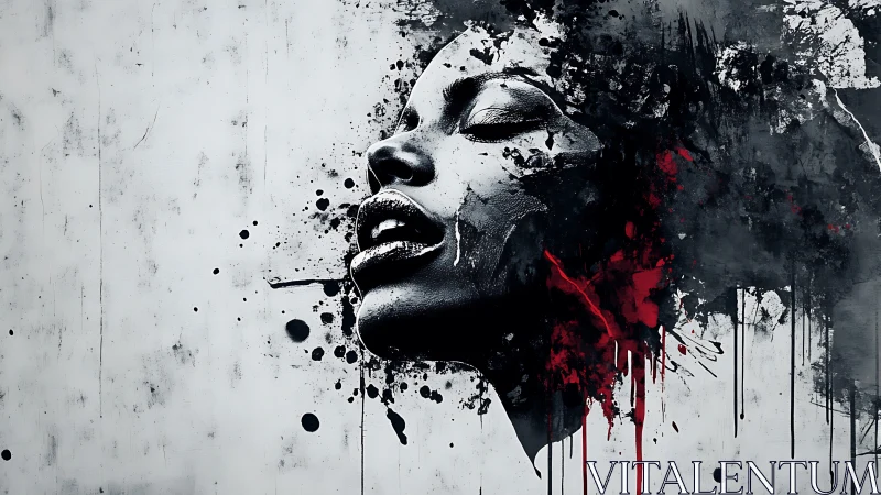 Abstract portrait merges emotion with monochrome splatter art.