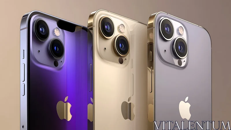 Three iPhone 14 Pro models displayed in purple, gold, and silver finishes.