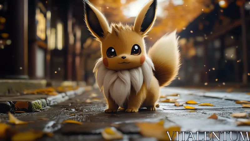 Small stylized foxlike creature stands on stone path in autumn