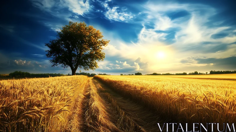 Solitary tree centered in expansive wheat field at sunset.