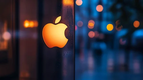 Illuminated apple-shaped logo on wet glass surface at night.