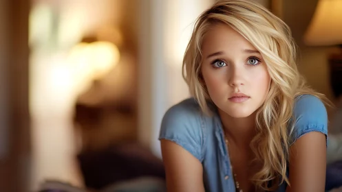 Blonde woman gazes forward in soft indoor evening light