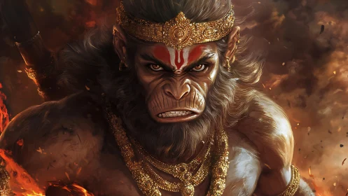 Fierce warrior monkey deity emerges from swirling battle fire