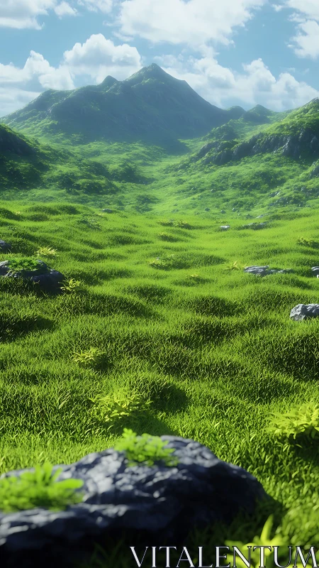 Physically based 3D grass valley with volumetric-lit mountain range
