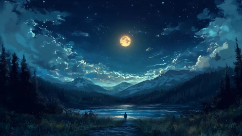 Moonlit mountain lake with solitary human figure at shore.