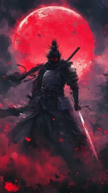 Blood-moon ronin stalks through embers of a ruined night