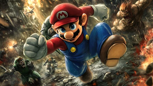 Dynamic hero charge surges through a fiery, chaotic battle