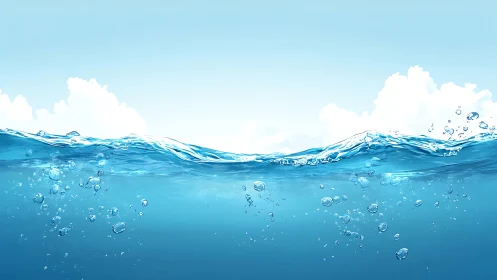 Crystal blue ocean surface with rising bubbles in sunlight.