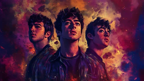 Triangular male portrait arrangement in vivid digital colors.