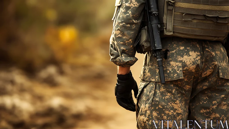 Tactical rear view of soldier in digital camouflage gear field.
