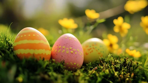 Colorful Easter eggs rest in sunlit spring meadow.