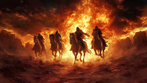 Flaming riders charge forward through a blazing apocalyptic sky