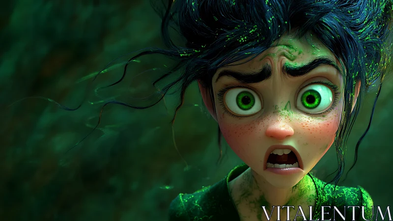 Shocked green eyed girl rendered in detailed 3D closeup