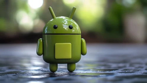 Green robot figurine on stone surface in soft focus garden.