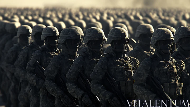 Endless armored soldiers advance in a tense battlefield haze