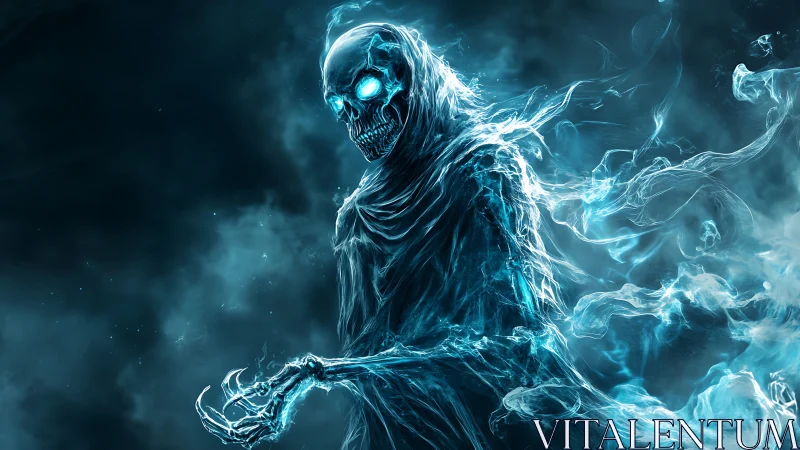 Spectral wraith emerges in swirling electric blue mist.