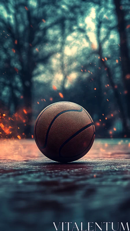 Lone basketball rests on wet court amid rising embers