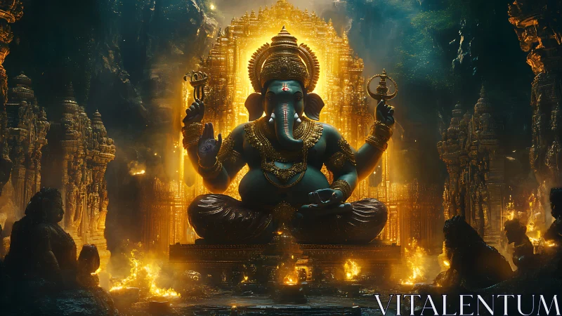 Majestic elephant-headed deity in glowing temple cavern